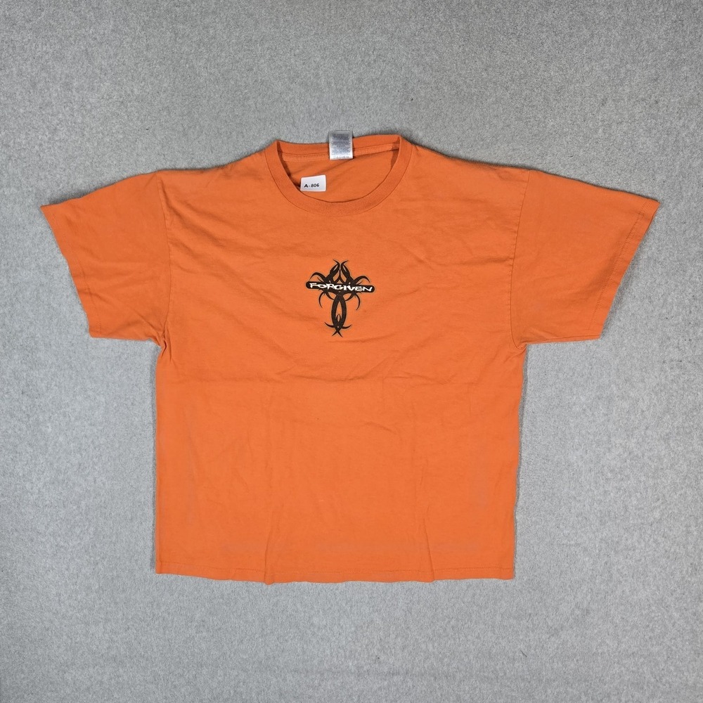 VINTAGE Forgiven Men Shirt XL Orange Y2K Tribal Cross Graphic Print Short Sleeve